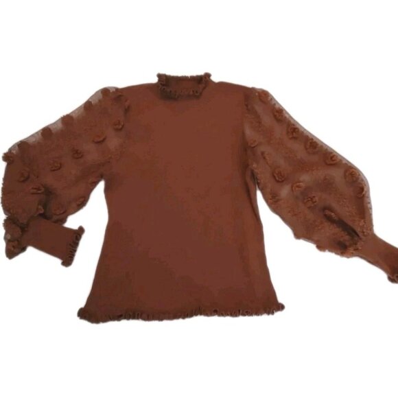 Almost Famous Brown Ribbed Knit Top Mock Neck Sheer Floral Puff Sleeves Size 3X - Picture 1 of 11
